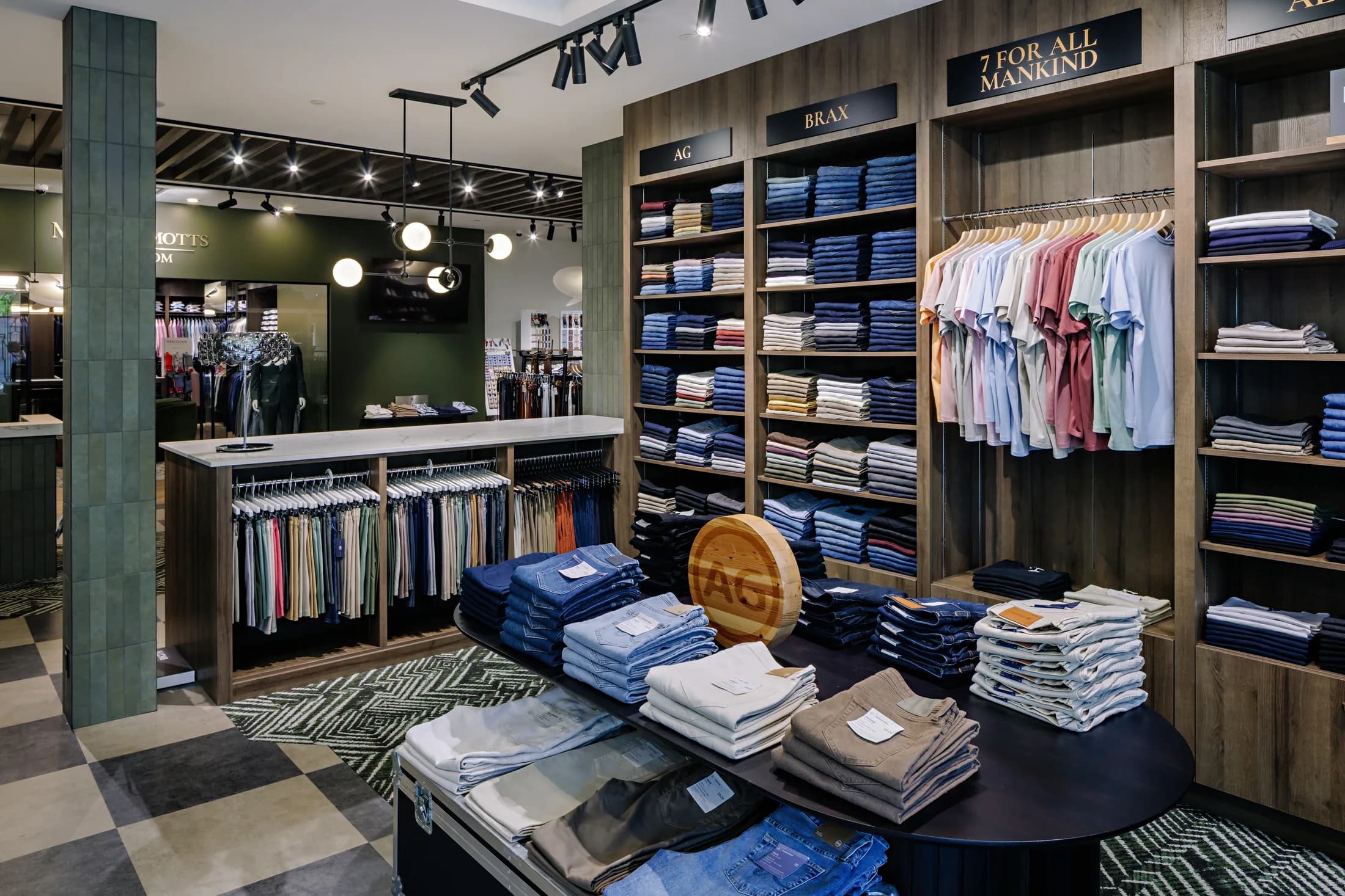 Shelving of folded shirts under Eton and Patrick Assaraf signage